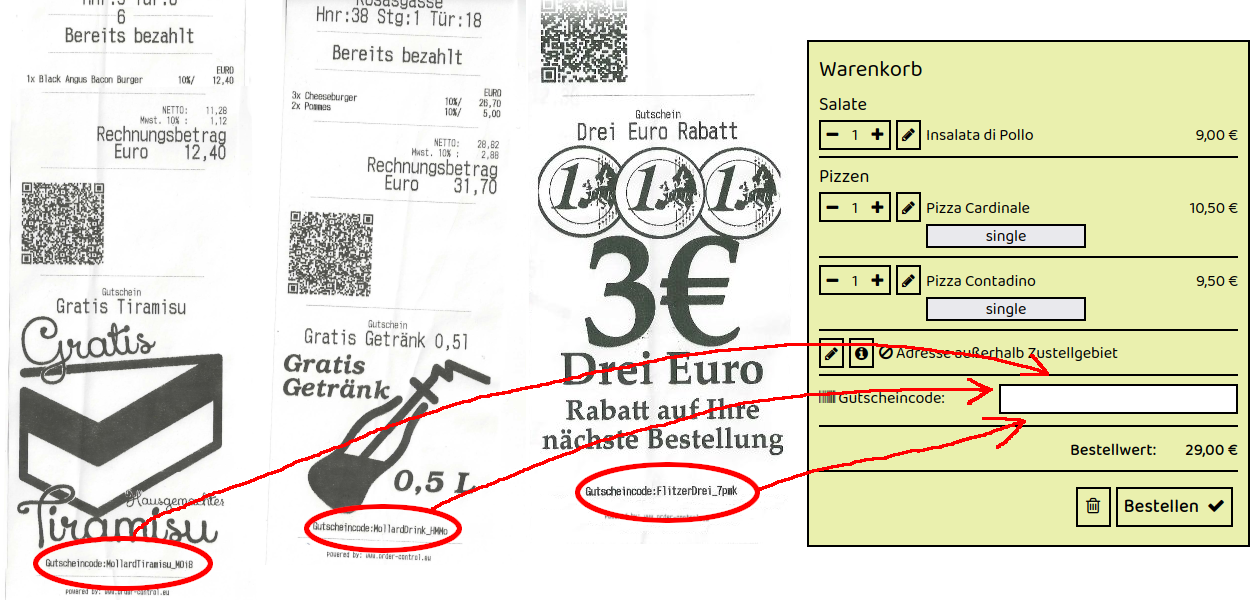 Beispiel für Gutscheincodes auf Rechnungszetteln von Don Alfredo Knusperwirt in Graz Kalvariengürtel 1 – drei Rechnungen mit individuellen Gutscheincodes, die im Online-Warenkorb des Restaurants eingegeben werden können.